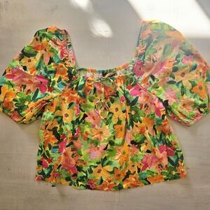 SANCTUARY Floral Linen Top, Size Large, NWOT